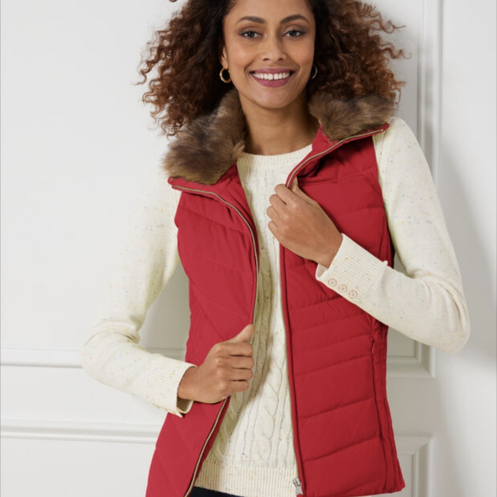 NWT Talbots Faux Fur Collar Red Down Puffer Vest Sz Small - Picture 2 of 10